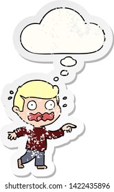 cartoon stressed out pointing with thought bubble as a distressed worn sticker