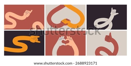 Cartoon stretch hands. Human hand flexible design, various gestures. Abstract shapes rubber arm, handshake, doing heart sign, thumb up, vector design