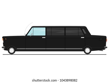 Cartoon stretch limo. Limousine side view. Flat vector.