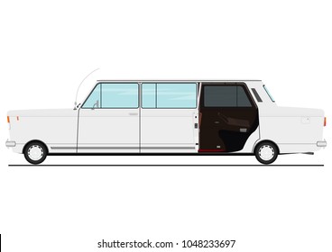 Cartoon stretch limo with open back door. Side view of saloon car for wedding or business trip. Flat vector.