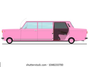 Cartoon Stretch Limo With Open Back Door. Side View Of Saloon Car For Wedding Or Business Trip. Flat Vector.