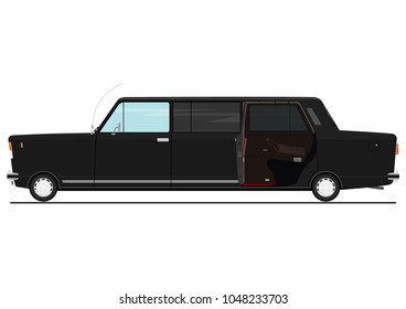 Cartoon stretch limo with open back door. Side view of saloon car for wedding or business trip. Flat vector.