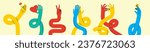 Cartoon stretched, flexible long hands abstract drawn comic vector illustrations. Set of Hand multicolored different signs and symbols. Drawing style Sticker decals. Retro Y2K.