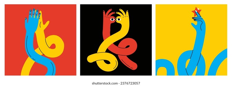 Cartoon stretched, flexible long hands abstract drawn comic vector illustrations. Set of Hand multicolored different signs and symbols. Drawing style Sticker decals. Retro Y2K.