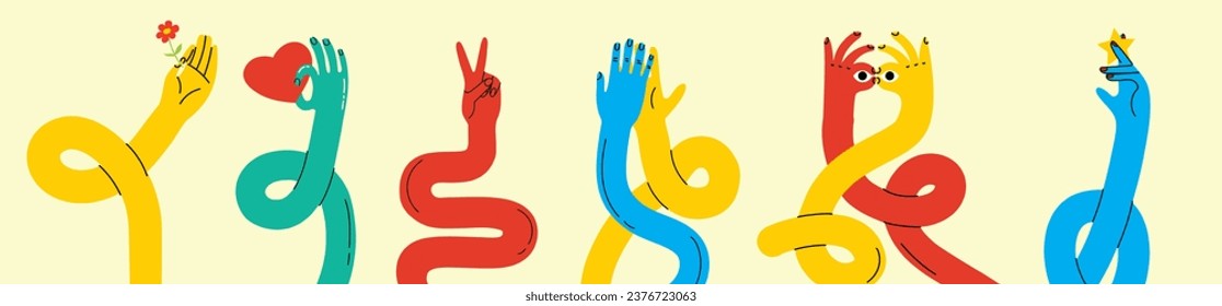 Cartoon stretched, flexible long hands abstract drawn comic vector illustrations. Set of Hand multicolored different signs and symbols. Drawing style Sticker decals. Retro Y2K.