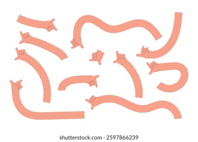 Cartoon stretched, flexible long hands abstract drawn comic vector illustrations. Set of Hand multicolored different signs and symbols. Drawing style Sticker decals. Retro Y2K in eps 10.