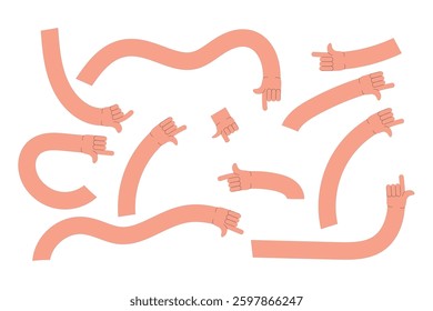 Cartoon stretched, flexible long hands abstract drawn comic vector illustrations. Set of Hand multicolored different signs and symbols. Drawing style Sticker decals. Retro Y2K in eps 10.