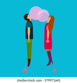 cartoon stretched gum on a high heels of woman and of a shoe of man. young couple flying with a bubble gum balloon. love is in the air. two people hover in the sky