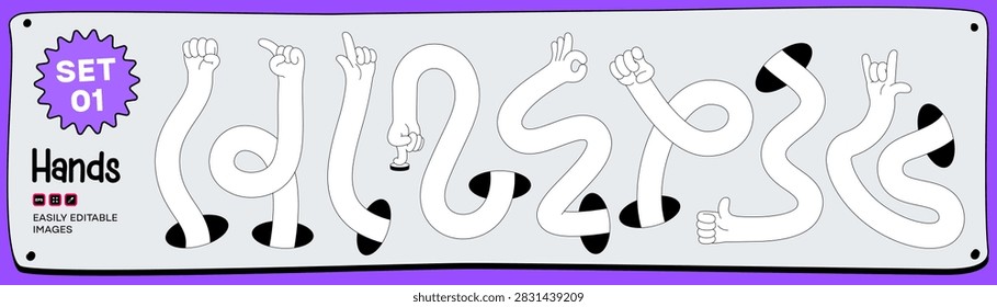 Cartoon stretching hands set with Flexible Long Arms and different gestures emerging from holes for creative design and Illustration - Set 01