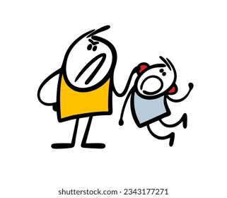 Cartoon strict father caught the bully son and holds him by the ear. Vector illustration of parents  physical abuse of children for pranks and misdemeanors. Doodle person isolated on white background.