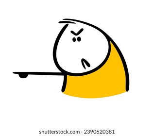 Cartoon strict stickman frowns, points with his finger, asks to get out. Vector illustration of a disgruntled character. Doodle man lost his patience. Isolated on white background.