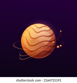 Cartoon striped brown space planet with rings. Vector galaxy globe with satellites flying around. Fantasy sphere in universe, Ui game object, isolated astronomical comic world in deep space