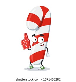 cartoon striped christmas candy cane character mascot with the number 1 one sports fan hand glove on a white background