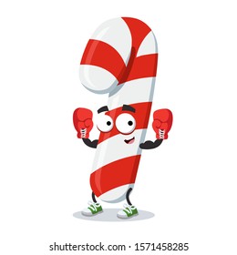 cartoon striped christmas candy cane mascot in red boxing gloves on white background
