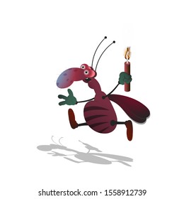 cartoon striped cockroach with bulging eyes runs and holds dynamite in his hand. Isolated illustration on a white background with a shadow.