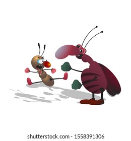 Cartoon striped cockroach fights with an ant. Isolated illustration on a white background with a shadow.