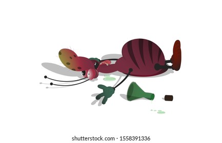 A cartoon striped cockroach was poisoned by an unknown liquid in a bottle and passed out. Isolated illustration on a white background with a shadow.