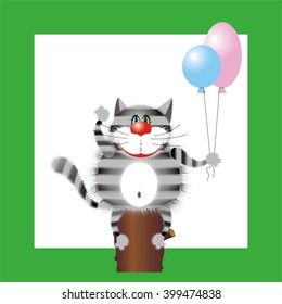 Cartoon striped funny cat with balloons in the paws vector