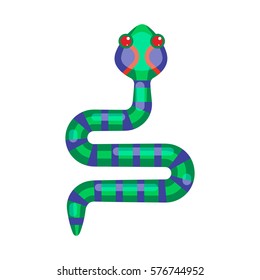 Cartoon striped green snake cute vector illustration on white. Reptile desert animal.