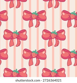 Patrón de dibujos animados a rayas sin fisuras con lazos y fresas. Azulejo de la repetición del Vector, arte imprimible