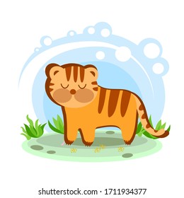 cartoon striped tiger. Wild animal of Africa. Stylized character in the location. Glade with plants and sky. simplified style. Vector stock illustration. educational card for children. wildlife