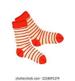 Cartoon striped woolen socks isolated warm fashion cloth stockings. Vector knitwear, handmade knitted socks, wool sock apparel