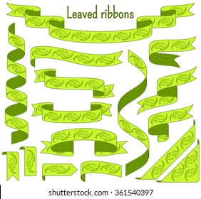 Cartoon stripped ribbons with leaves. Floral decorative motifs. Green colors