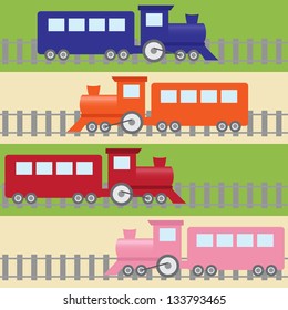 Cartoon stripy seamless pattern with colorful trains