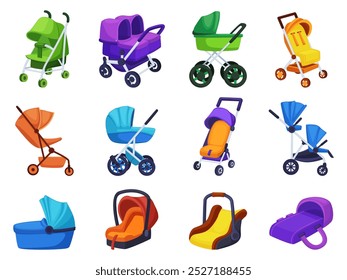 Cartoon strollers. Baby carriages and mobile armchair. Toddlers safety transportation, buggy for twins and single kid. Babies transport nowaday vector set