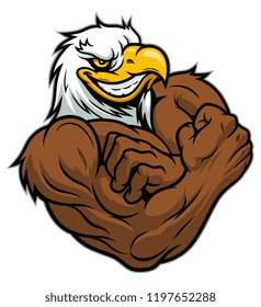 Cartoon strong american eagle bodybuilder on the white background.