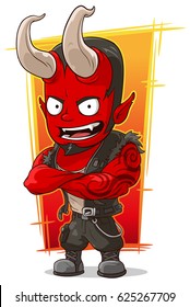 Cartoon strong angry devil daemon in leather clothes with satan horns vector illustration