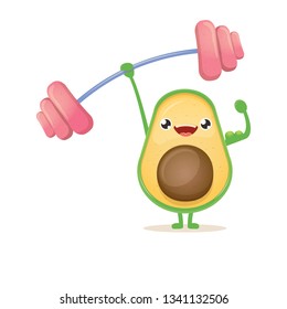 Cartoon strong avocado lifting weight barbell isolated on white background. Cute sporty healthy food character making squat exercise with weight. Fitness concept 