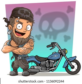 Cartoon strong biker character in bandanna with blue motorbike on skull background.
