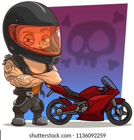 Cartoon strong biker character in protective helmet with red motorbike on skull background.