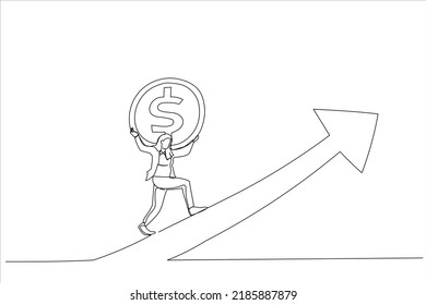 Cartoon of strong businesswoman investor carry money coin walk up rising up graph. Investment growth or earning rising up. Continuous line art style
