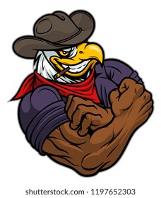 Cartoon strong eagle cowboy on the white background.