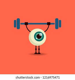 Cartoon strong eye with barbell, good vision, eye training. Vector illustration