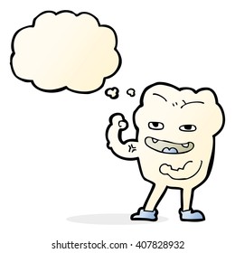 cartoon strong healthy tooth with thought bubble