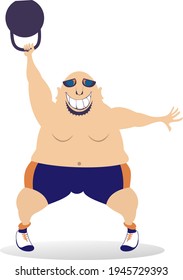 Cartoon strong man does exercises with weight illustration. 
Smiling bald-headed man in sunglasses does exercises with weight isolated on white
