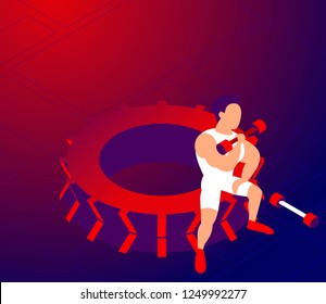Cartoon strong man practicing with weighted ball
