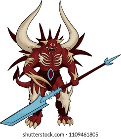 Cartoon strong red devil with one eye and big horns on white background