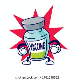 Cartoon strong vaccine bottle character power up on explosion background vector mascot 