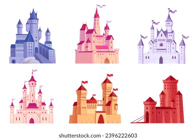 Cartoon strongholds. Medieval castles exterior, fantastic palaces magic kingdom fortified building citadel tower architecture, ancient castle ingenious vector illustration of architecture stronghold