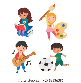 Caricatura de atividades estudantis com ferramentas de estudo. Livros, escova, pintura, desenho, música, instrumento, futebol, esporte. Ilustração infantil para formação e educação.