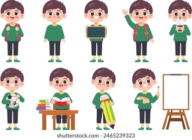 Cartoon student back to school background character. Happy children going back to school.