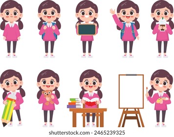 Cartoon-Schüler zurück zur Schule Hintergrund Figur. Glückliche Kinder gehen zurück in die Schule.