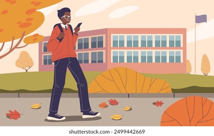 Cartoon Student Boy Walking auf dem Campus, hält ein Smartphone und trägt einen Rucksack, betont Bildung