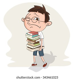 Cartoon student carry stack of book