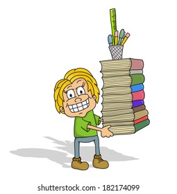 Cartoon student carrying many books and pen holder (vector)