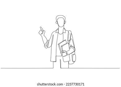 Cartoon of student in casual clothes glasses with backpack hold books pointing index finger up. One line style art
